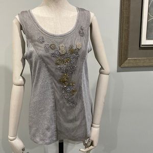 Marc Cain Tank Top Size 12 Ribbed Jersey Mesh Beaded Light Grey Round Neck